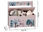 Coffre à jouets en forme de banc en bois rose avec un motif forestier.