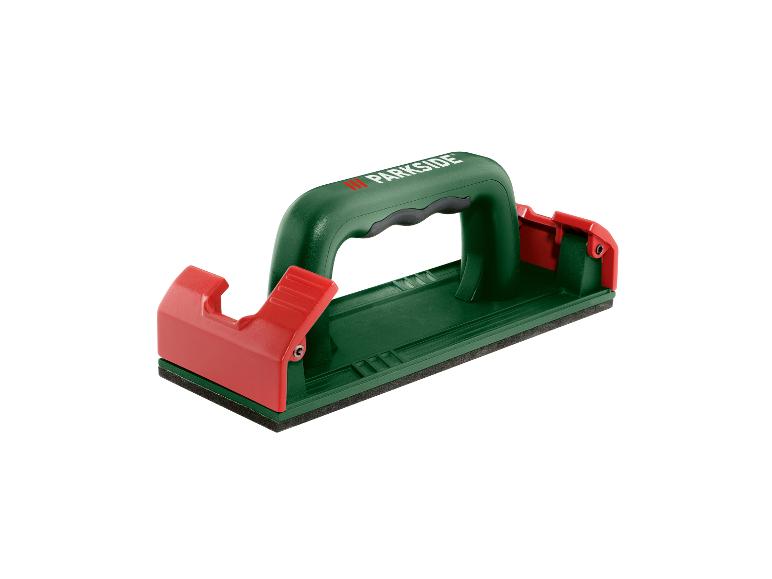 Support de papier de verre vert Parkside avec pinces rouges.