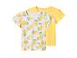 Deux t-shirts pour enfants : un blanc à imprimé citron, un jaune uni.