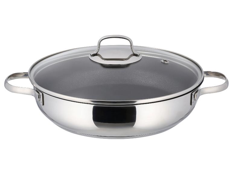 Poêle en acier inoxydable avec couvercle en verre et poignées latérales