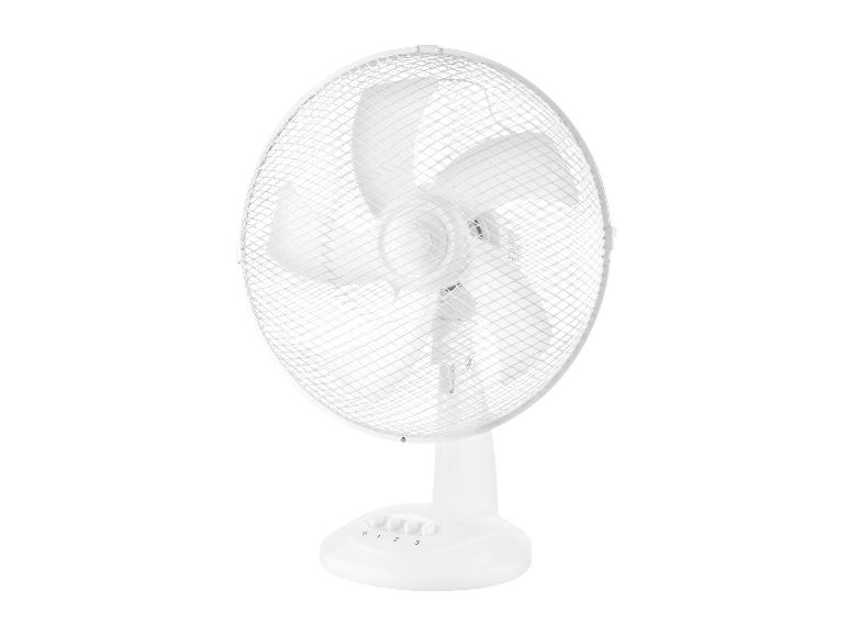 Ventilateur de table blanc avec grille de protection.