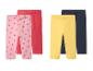 Lot de deux leggings pour filles : rose à fraises et rouge, plus jaune et bleu foncé.