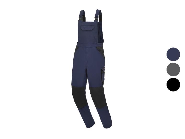 Salopette de travail bleue avec genouillères noires et trois échantillons de couleurs