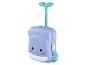 Valise à roulettes pour enfants en forme de baleine violette avec poignée et roues turquoise.