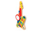 Guitare en bois jouet avec xylophone, tambour et autres instruments.