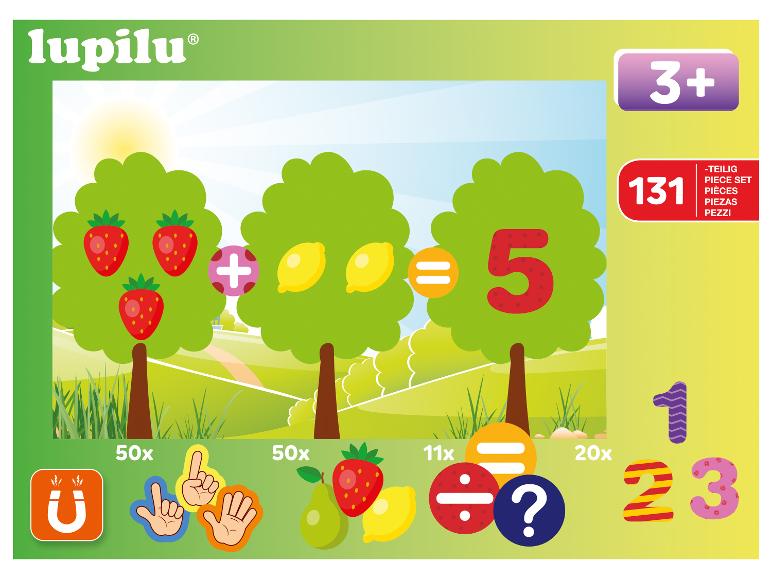 Jeu d'apprentissage des mathématiques de 131 pièces, incluant fruits, chiffres et symboles.