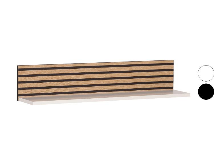 Étagère murale avec lattes en bois et fond noir, options de couleur blanc et noir.