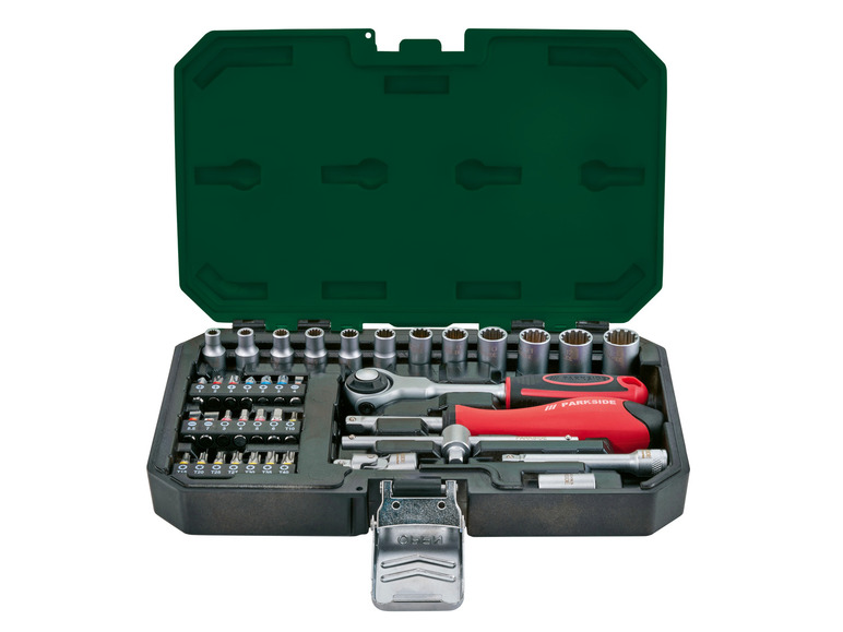 Une mallette d'outils Parkside avec cliquet, douilles et embouts.