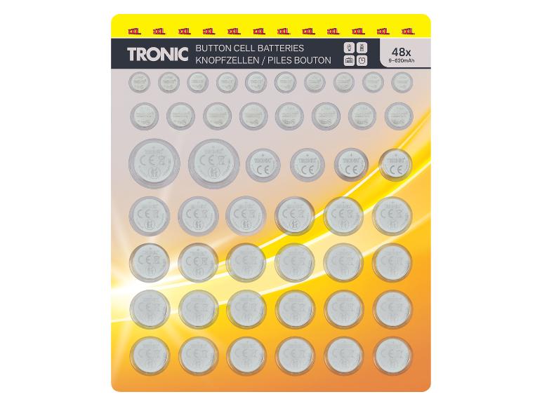 Assortiment de 48 piles bouton, 9-620mAh, pour divers appareils électroniques.