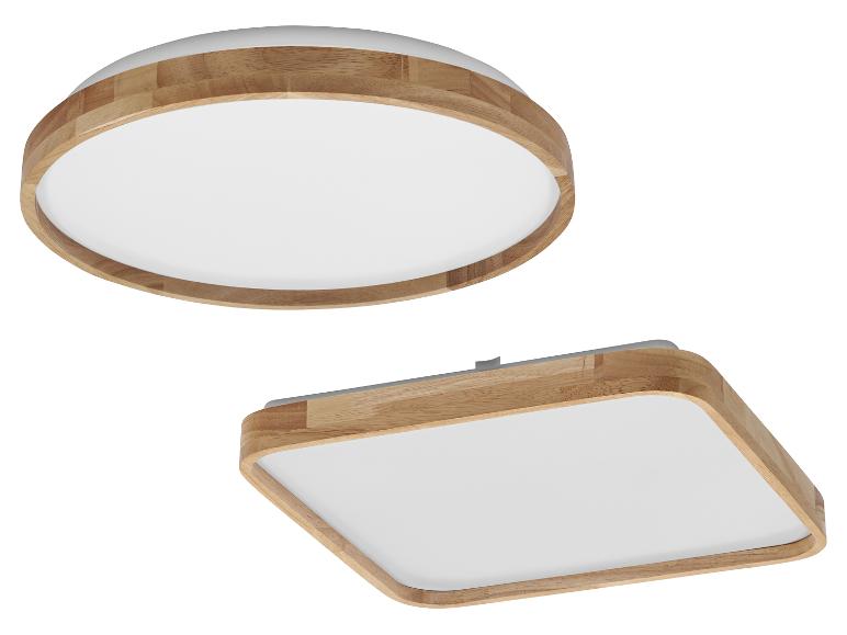Deux plafonniers en bois et blanc, un rond et un carré.