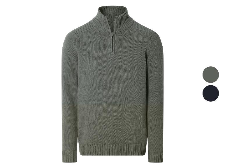 Pull en maille pour homme avec demi-fermeture éclair vert foncé, col et poignets côtelés.