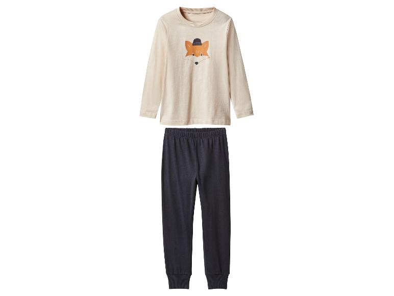 Pyjama enfant avec haut beige illustré d'un renard et pantalon bleu marine.