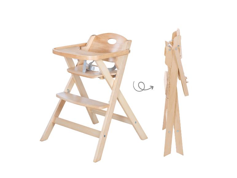 Chaise haute bébé en bois pliable, ouverte et pliée