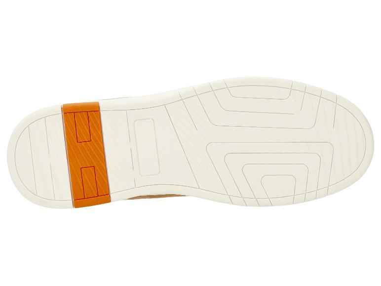 Semelle de chaussure beige avec un motif de bande de roulement et un insert orange au talon.