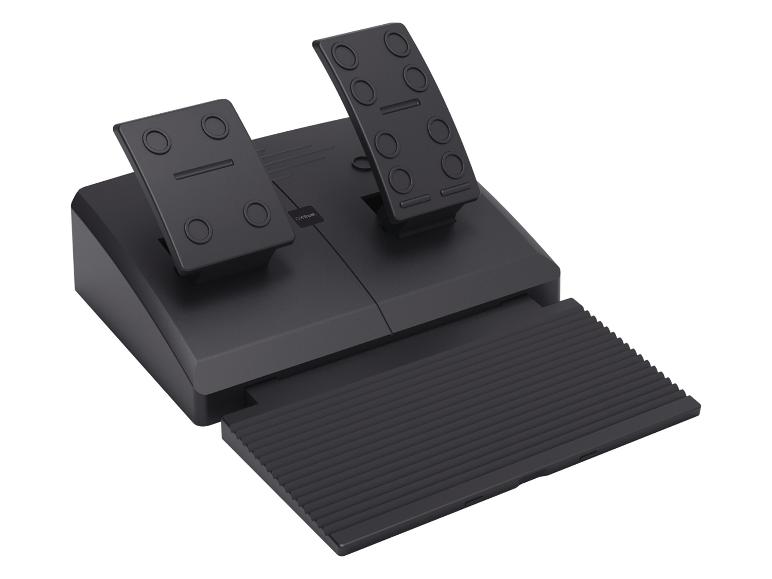 Ensemble de pédales de jeu noires avec deux pédales et un repose-pieds, vue en angle.