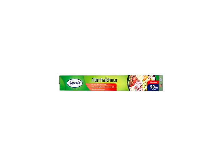 Film alimentaire avec aliments frais, 50m x 29cm, préservant les arômes et adhérence optimale.
