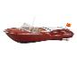 Bateau moteur jouet Venexia rouge imitation bois sur fond blanc.