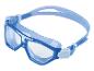 Lunettes de natation bleues avec verres transparents et sangle réglable.