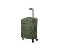 Valise en tissu vert à roulettes avec poignée télescopique et serrure.