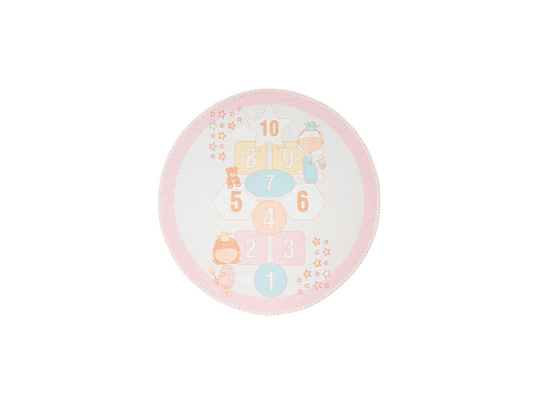 Un tapis de jeu rose avec des chiffres et des princesses pour enfants.