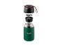 Thermos alimentaire vert démonté avec bouchon noir et cuillère argentée.