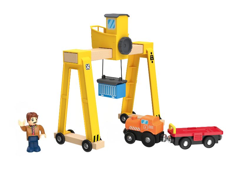 Grue jaune, train et figurine, jouet en bois.