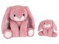 Deux lapins en peluche roses, un grand et un petit, assis.