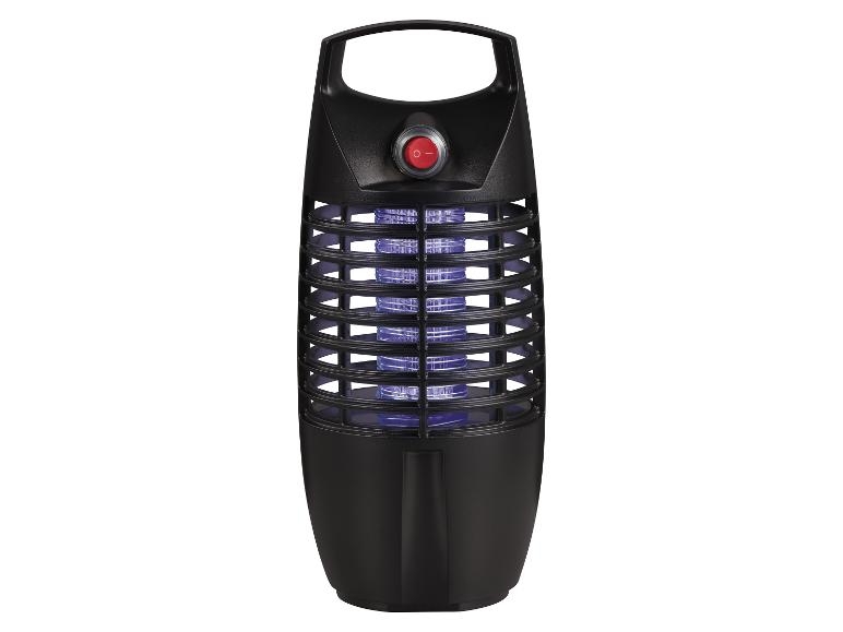 Destructeur d'insectes noir avec lumière violette et interrupteur rouge.