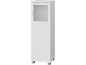 Meuble haut blanc avec une porte vitrée et deux portes pleines en bas.