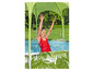 Une fille en maillot de bain rouge joue dans une piscine gonflable avec un parasol vert.