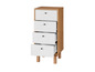 Une commode blanche avec quatre tiroirs sur des pieds en bois