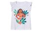 Haut blanc à volants, motif Moana et fleurs tropicales.