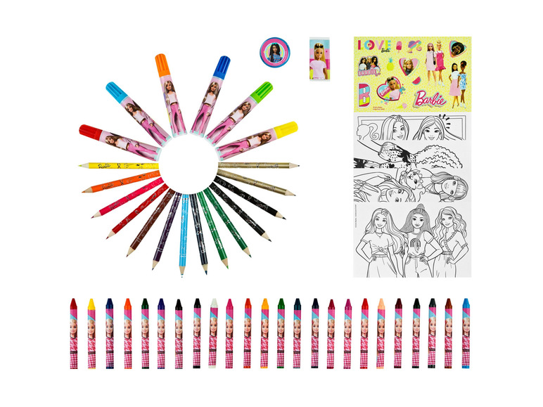 Crayons de couleur, feutres et craies Barbie avec des coloriages.