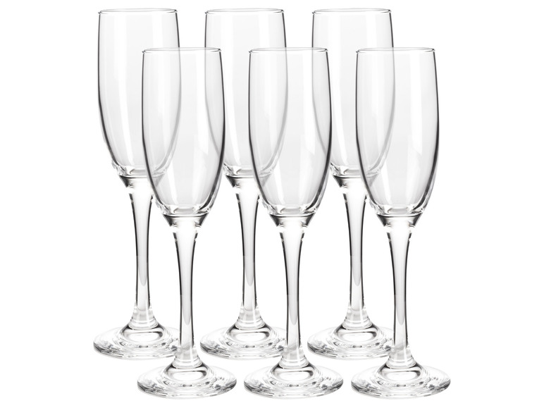 Un ensemble de six flûtes à champagne vides.