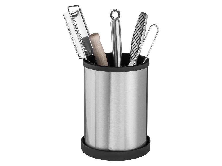 Organisateur d'ustensiles de cuisine en acier inoxydable avec râpe, pilon et autres outils.