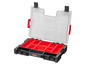 Une boîte à outils Qbrick ouverte avec des compartiments rouges.