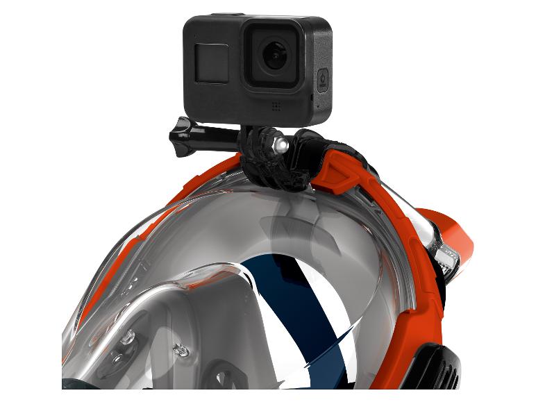 GoPro fixée sur un masque de plongée orange.