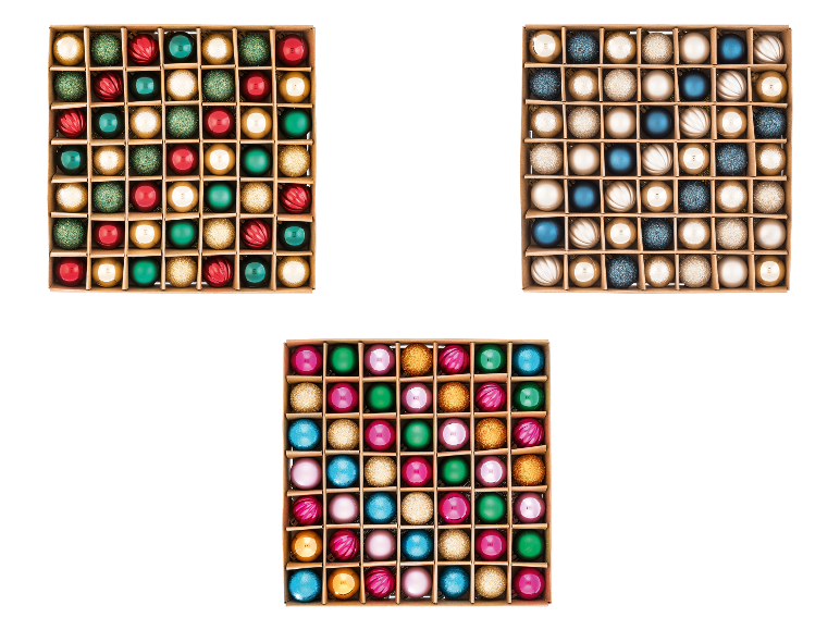 Boules de Noël LIVARNO home, 49 pièces, en trois assortiments de couleurs différents.