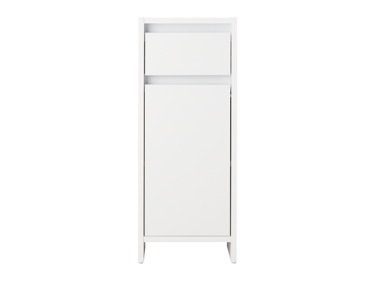 Une armoire de rangement blanche et étroite avec un tiroir et une porte.