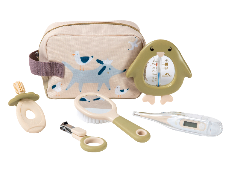 Kit de soins pour bébé avec trousse de toilette, thermomètre de bain, thermomètre numérique, brosse, coupe-ongles et anneau de dentition.