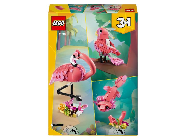 Boîte LEGO Creator 3-en-1 avec modèles de flamant rose, perroquet et axolotl.