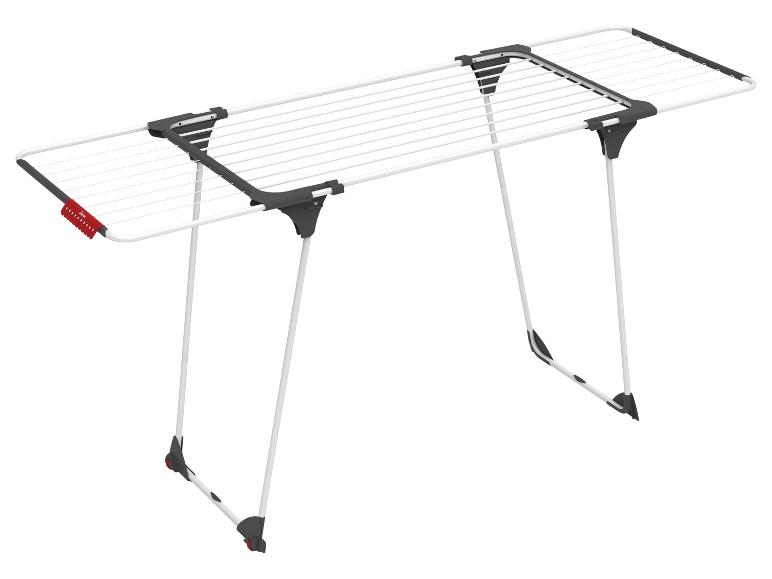 Séchoir à linge pliable blanc et gris avec des détails rouges