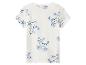 T-shirt blanc avec imprimé bleu de chiens sur skateboard.