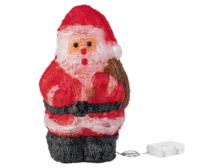 Figurine lumineuse du Père Noël en costume rouge avec barbe blanche, connectée à un boîtier de piles blanc.
