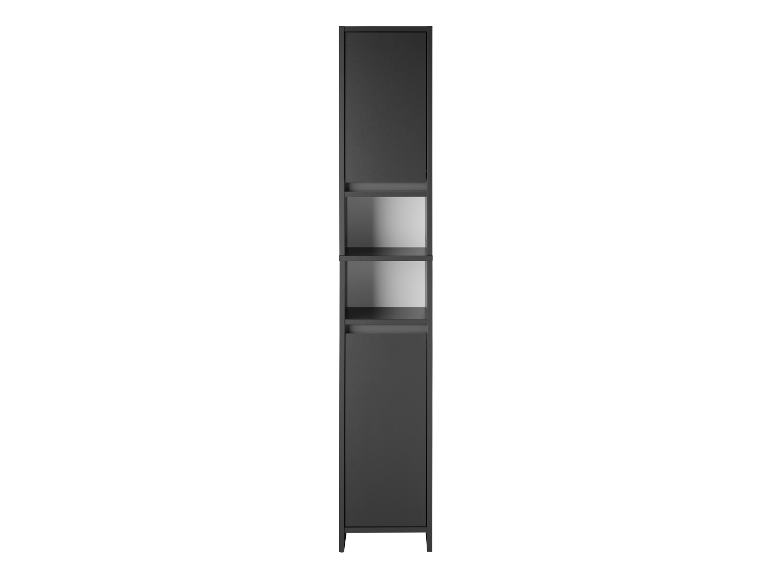 Une armoire de rangement étroite et noire avec des étagères.