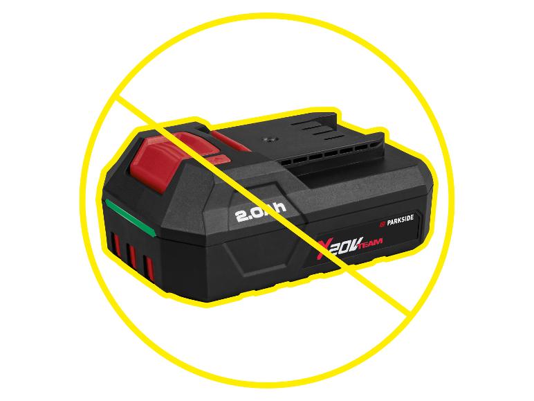 Batterie d'outil électrique 2.0 Ah avec une ligne jaune la barrant, indiquant qu'elle n'est pas incluse.