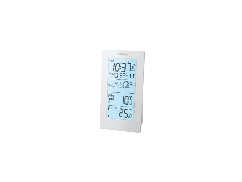 Station météo numérique avec écran LCD affichant l'heure, la date et les températures intérieure/extérieure.