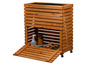 Une jardinière en bois avec un rangement et des roulettes.