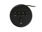 Une télécommande ronde noire avec des boutons pour marche/arrêt et les vitesses du ventilateur 1, 2 et 3.