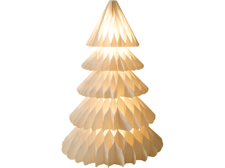 Lampe en papier illuminée en forme de sapin de Noël sur fond noir